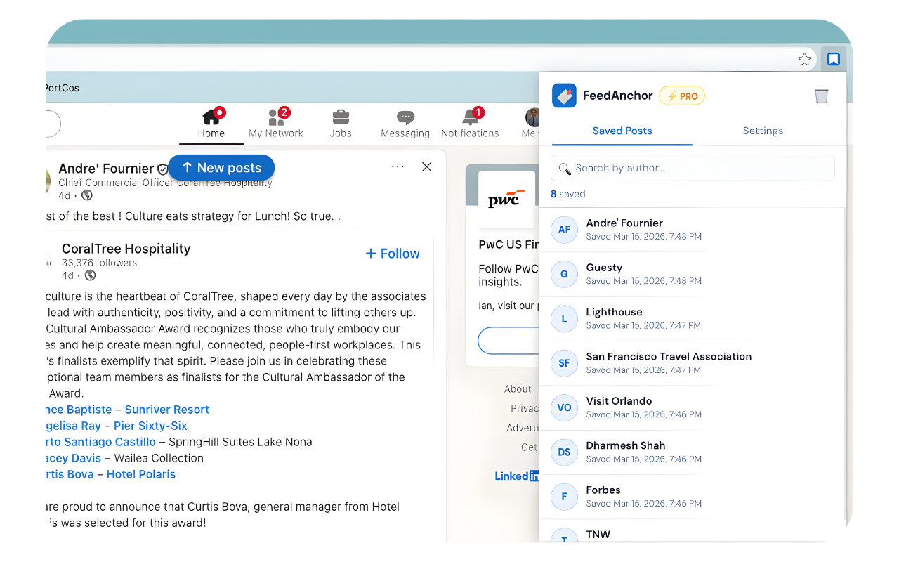 FeedAnchor extension showing saved LinkedIn posts